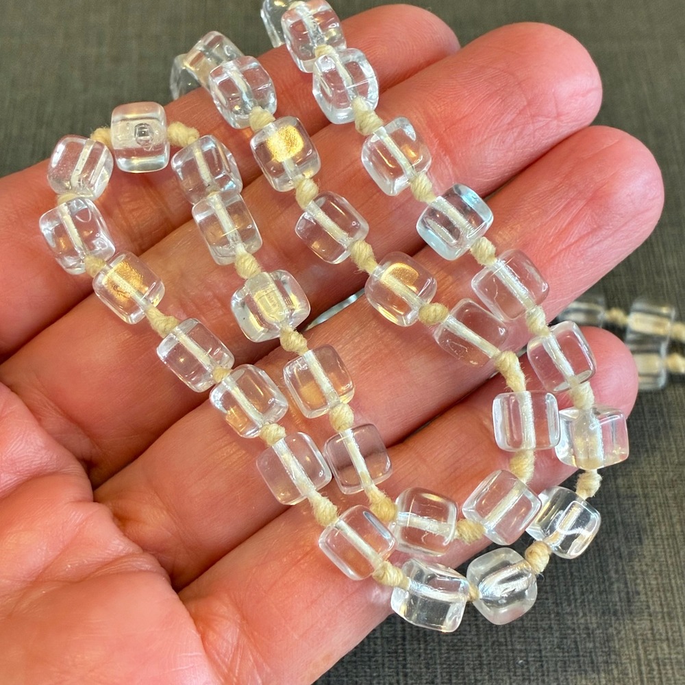 Vintage Necklace Hand Knotted Clear Glass Square Bead Flapper 64" Long Strand